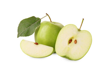 Whole and cut green apples isolated on white