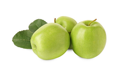 Ripe green apples and leaves isolated on white