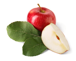Whole, cut red apples and leaves isolated on white