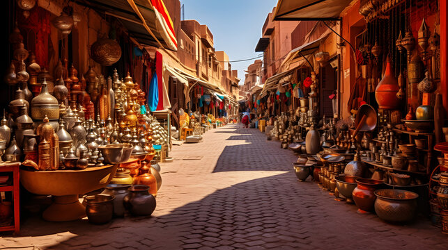 Bustling and colorful streets of Marrakech Morocco with markets lanterns and spices.