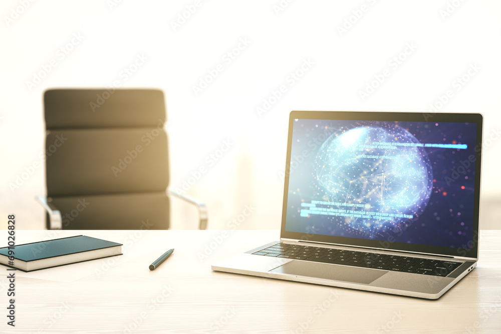 Leinwandbilder modern computer screen with abstract graphic coding sketch and world map, big data and networking co