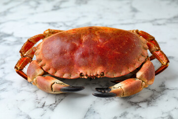 Delicious boiled crab on white marble table, closeup