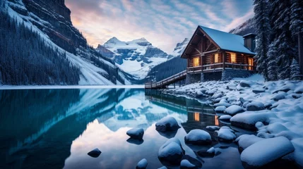 Foto op Plexiglas Stunning blue hour shot of a boat house on a crystal clear winter morning at Lake Louise, Alberta, Canada © Orxan