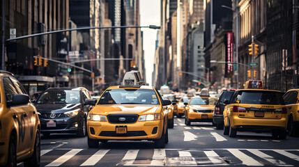 Busy street scene in the heart of Manhattan with iconic yellow taxis and skyscrapers.