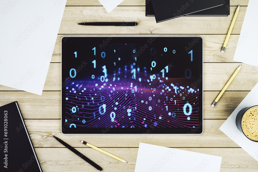 Aufkleber Creative concept of binary code illustration on modern digital tablet screen. Big data and coding concept. Top view. 3D Rendering