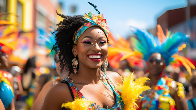Colorful and lively street festival in Trinidad and Tobago with costumes and music.