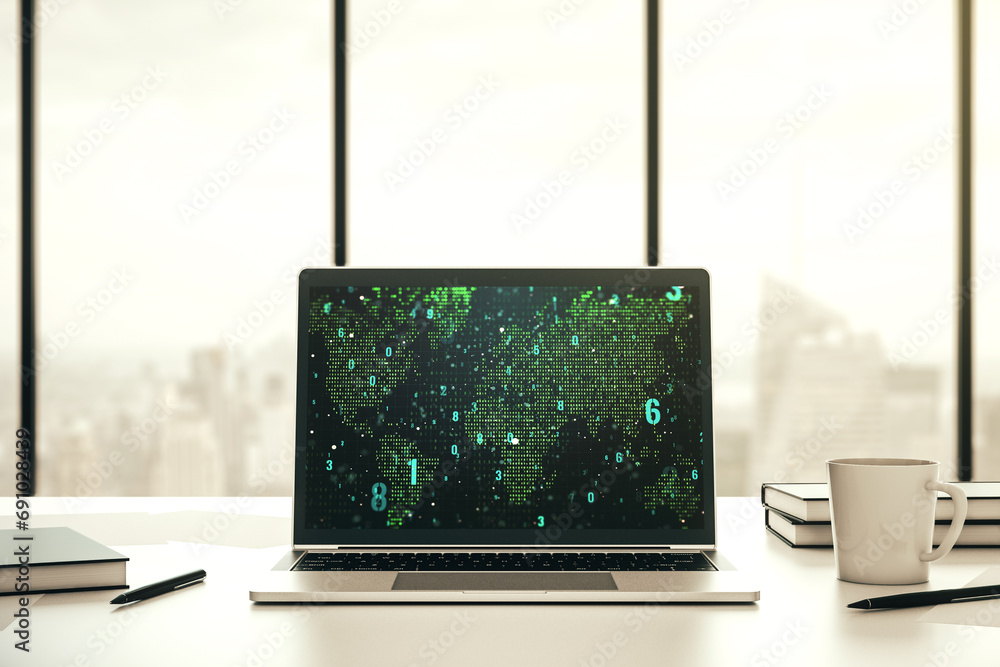 Aufkleber Computer monitor with abstract creative programming illustration and world map, big data and blockchain concept. 3D Rendering