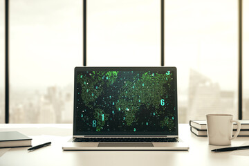 Computer monitor with abstract creative programming illustration and world map, big data and...