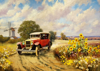 Digital painting. Vintage car against the backdrop of a rural landscape. Car, road, sunflowers, field, summer. - 691028460