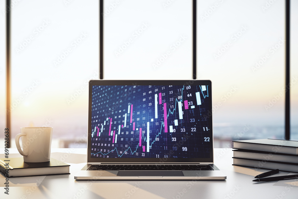 Aufkleber modern computer display with abstract financial graph, financial and trading concept. 3d rendering