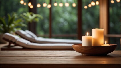 Spa and relaxation concept with comfy beds and burning candles on the wooden table in blurred natural background