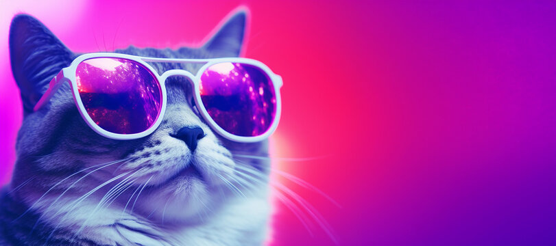 A cute grey domestic cat in sunglasses on a trendy gradient purple background. Pets portrait. The cat is relaxing in a nightclub background with copyspace.