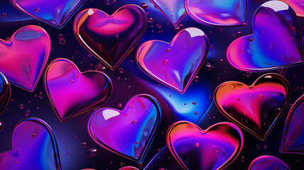Liquid metal hearts background. Purple and pink heart Valentines Day romantic backdrop.