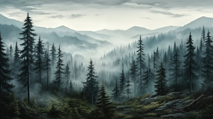 wide landscape of pine trees in misty forest