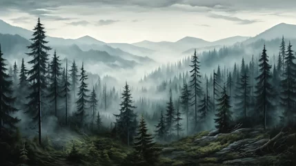 Fotobehang wide landscape of pine trees in misty forest © pasakorn