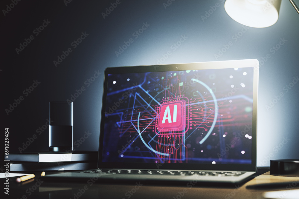 Poster Computer monitor with creative artificial Intelligence abbreviation. Future technology and AI concept. 3D Rendering