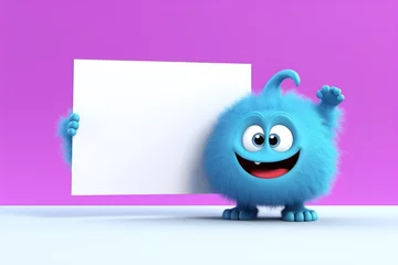 Tuinposter 3d cute monster holding up a blank sign,colorful cartoon character,empty banner, Generative AI  © Pixel Paradise