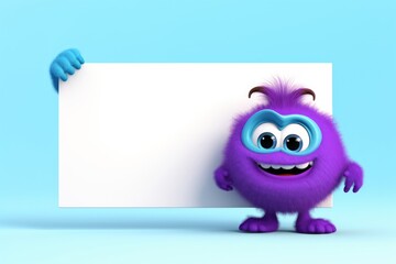 3d cute monster holding up a blank sign,colorful cartoon character,empty banner, Generative AI 