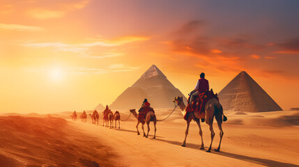 Sunset camel ride near the pyramids of Giza in Egypt. - obrazy, fototapety, plakaty