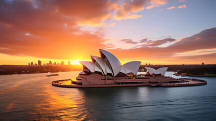 Sunset view of the Sydney Opera House with the harbor in the foreground.