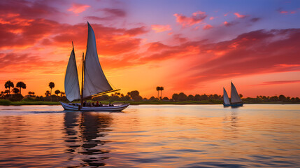 Traditional felucca boats on the Nile River in Egypt during a colorful sunset. - obrazy, fototapety, plakaty