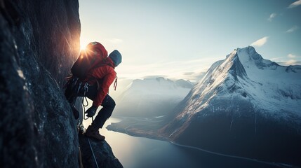 Climber Ascending a Rocky Mountain Face