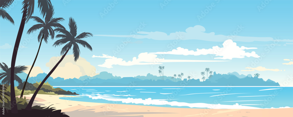 Wall mural beautiful landscape of paradise beach. sandy tropical beach, sea waves, palm trees, plants and amazi - Wall murals