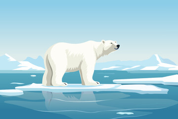 Beautiful polar bear on an ice floe. A polar bear floats on an ice floe against a landscape of large glaciers and icebergs. Vector illustration for postcard, poster, cover or design. © LoveSan