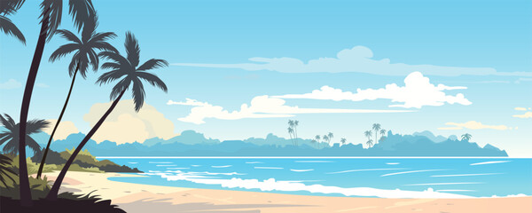 Fototapeta na wymiar Beautiful landscape of paradise beach. Sandy tropical beach, sea waves, palm trees, plants and amazing clouds. Beach holiday. Vector illustration for banner, poster, card, cover.