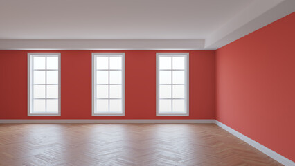 Interior with Light Red Walls, White Ceiling and Conrnice, Three Large Windows, Herringbone Parquet Flooring and a White Plinth. Beautiful Concept of the Room, 3d Rendering. 8K Ultra HD, 7680x4320
