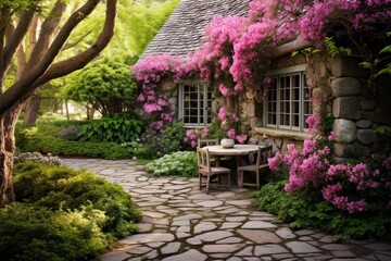 Fototapeta na wymiar A charming cottage garden with a stone pathway, flowering shrubs, and a small seating area.