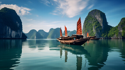 Traditional Vietnamese boats in the serene waters of Ha Long Bay with limestone cliffs.