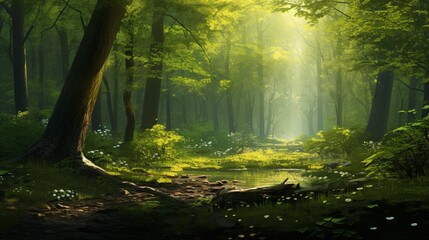the serenity of a forest glade, with sunlight filtering through newly budding leaves, casting a gentle green glow.