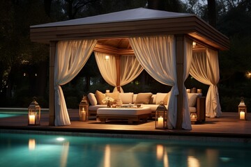 A lavish poolside cabana with plush loungers, sheer curtains, and a mini bar.