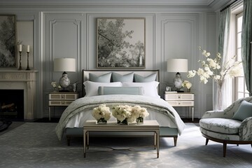 A luxurious guest bedroom with a plush bed, fine linens, and a calming color scheme.