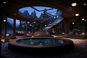 A luxurious home spa with a hot tub, sauna, and a serene relaxation area.