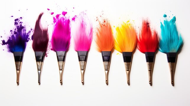 the striking contrast of colorful hair brushes against a minimalistic white background.
