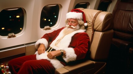Obraz premium Santa Claus is flying in an airplane. Christmas in the air. Christmas Holiday