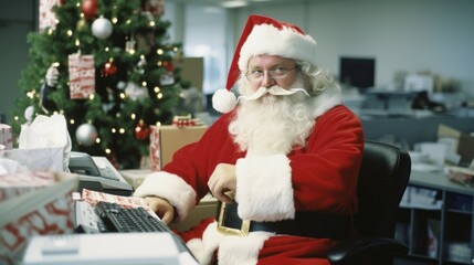 Santa Claus works in the office. Working Christmas. Christmas Holiday