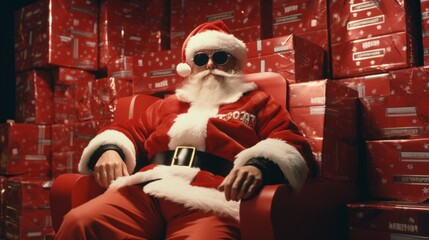 Santa Claus sits in a chair with gifts. Merry Christmas. Christmas Holiday