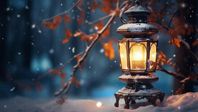 old Chinese lantern on a winter snowfall background. animated video.