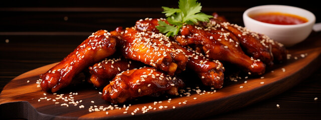 Asian wings with sesame seeds on a plate. Selective focus. - obrazy, fototapety, plakaty