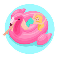 Woman swimming on pink flamingo float circle in blue ocean waves. Vector illustration