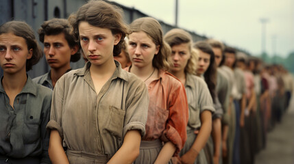 Representation of a women's prison camp in central Europe in the 1940s. Women prisoners in a Ukrainian war camp lined up for body checks. Close-up of women prisoners during the war. - obrazy, fototapety, plakaty