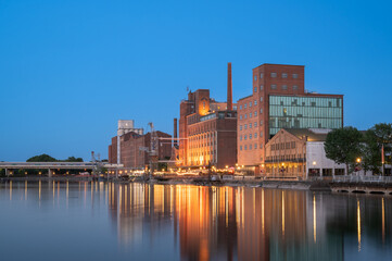 Evening View of the so called Innenhafen of Duisburg, Germany - obrazy, fototapety, plakaty