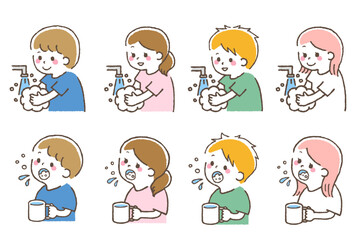 手洗いうがいをしている子供たち。感染予防。