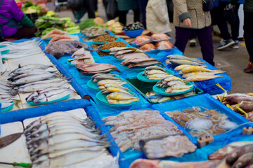 Assortment of Seafood at a Traditional Korean Market