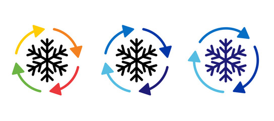 Snowflake with rotation arrows. Freezer control, auto cooling or defrost for car or house, Fahrenheit or Celsius app. Lowest temperature limit. Snow flowers. Air conditioner or air conditioning. - obrazy, fototapety, plakaty