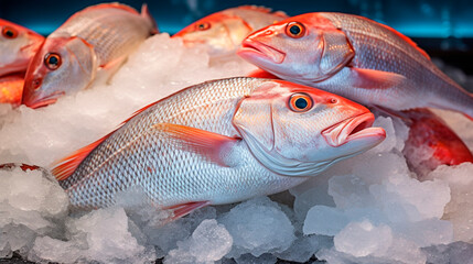 Fish in the market on ice. Selective focus.