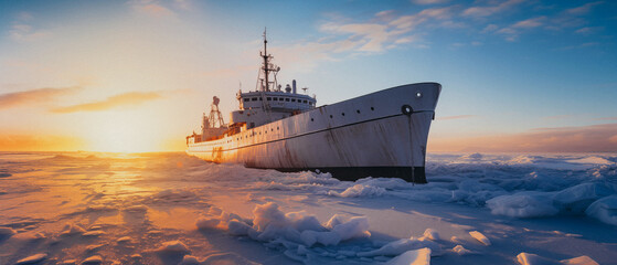 Icebreaker ship anchored in the frozen sea against a golden sunrise, with a clear sky and icy foreground.